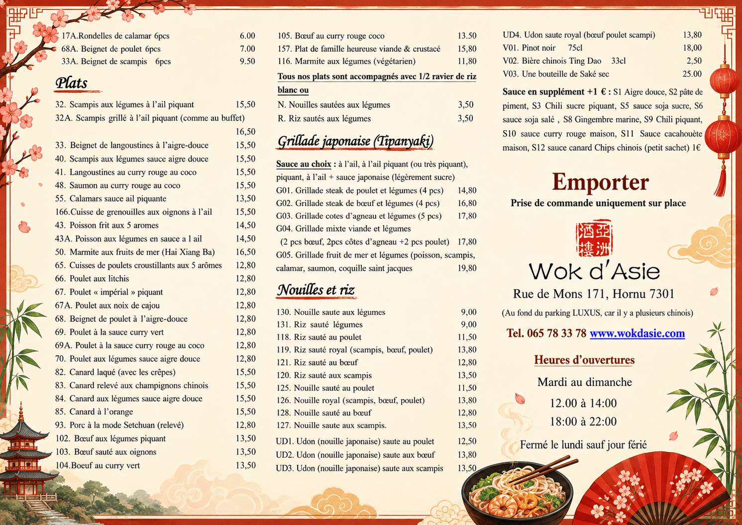 Carte des plats à emporter Wok d'Asie